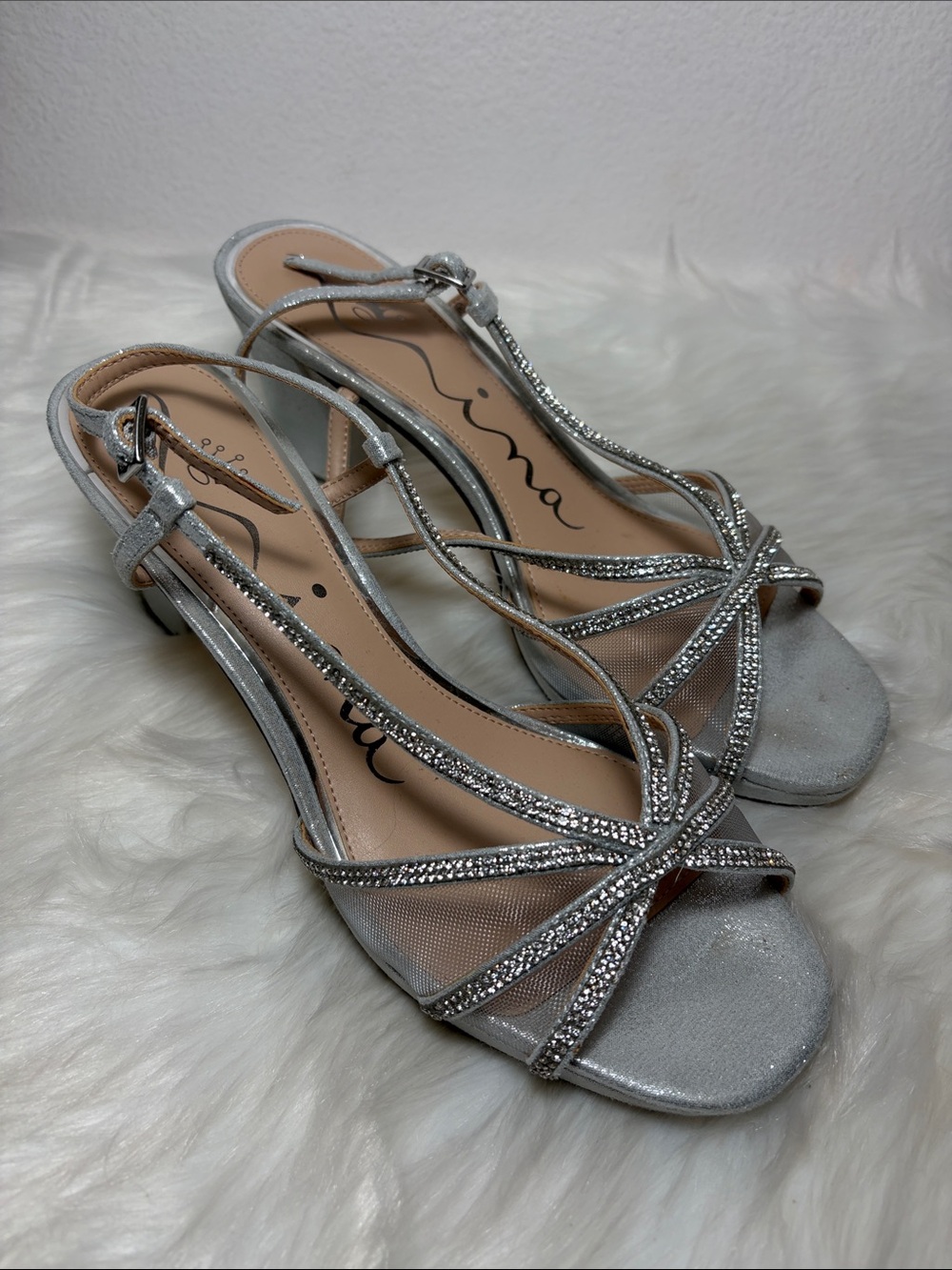 Nina Silver Strappy Glitter Slingback Chunky Heel Sandals